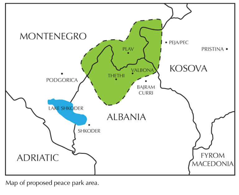 Perímetre de la proposta de Parc de la Pau entre Albania, Kosova i Montenegro.