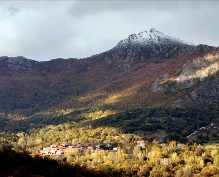 The village of Molinos de la Hiruela, surrounded by deciduous nacelles for autumnal polychromies, with the Pico de Sanuy, enraged with the first snowstorms of the year. Sierra del Rincón Biosphere Reserve, central Spain. 