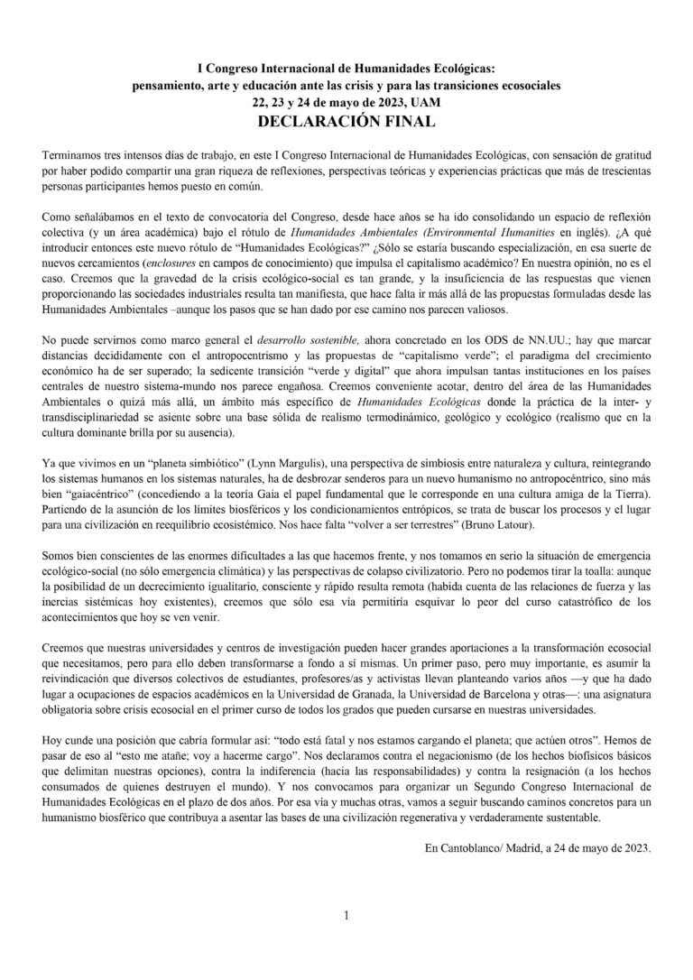 Declaración Final del Congreso de Humanidades Ecológicas (24-5-2023)