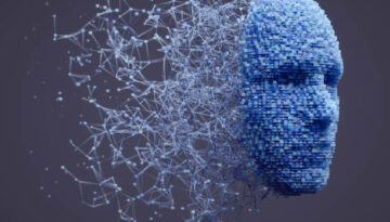 3D human head made with interconnected cube shaped particles.